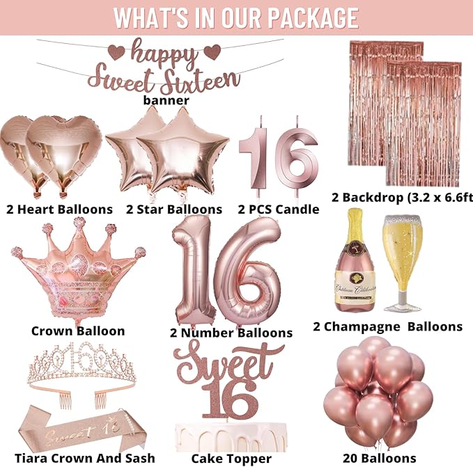 16th Birthday Decorations for Girls Rose Gold Party Supplies Kit
