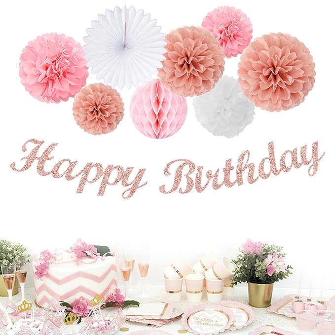 Light Pink Rose Gold Birthday Garland Party Decorations 14pcs Happy
