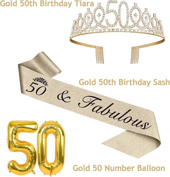 50th Birthday Decorations for Women Gold with 50th Birthday Sash and