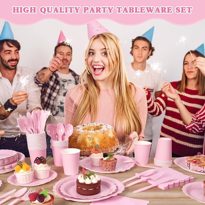 Vyntra 175 Pcs Pink Valentines Disposable Paper Plates and Napkins