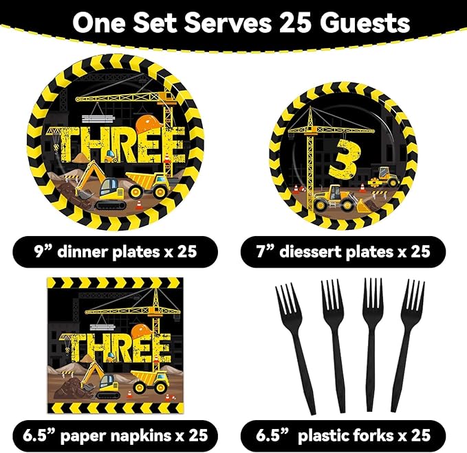 100 Pcs Construction Plates and Napkins Set 3rd Birthday Party
