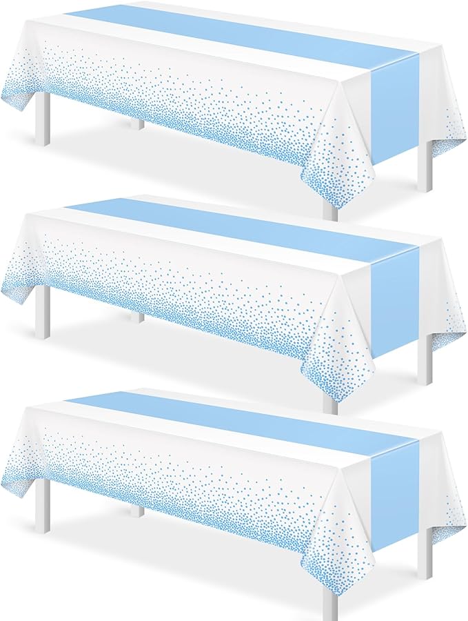 MASHAN 3Pcs White and Light Blue Tablecloth Party Decorations,Plastic