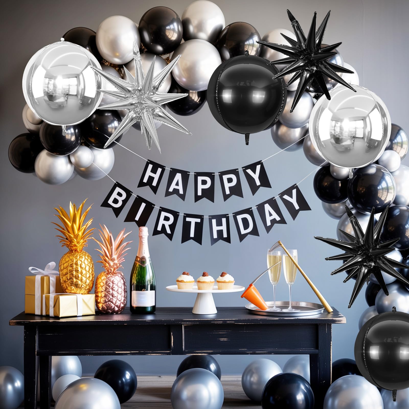 6Pcs Black Silver Foil Balloons,22Inch Black Silver 4D Round Ball