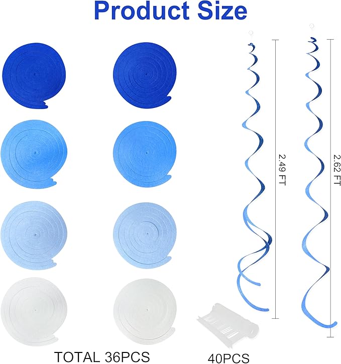 36 Pcs Blue Hanging Swirl Decorations Ombre Royal Blue White Felt