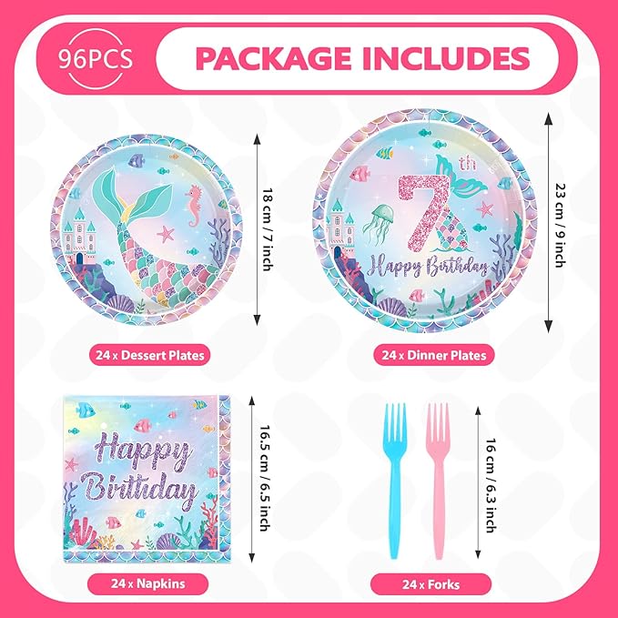 Grencian 96Pcs Mermaid Birthday Party Decorations Mermaid 7th