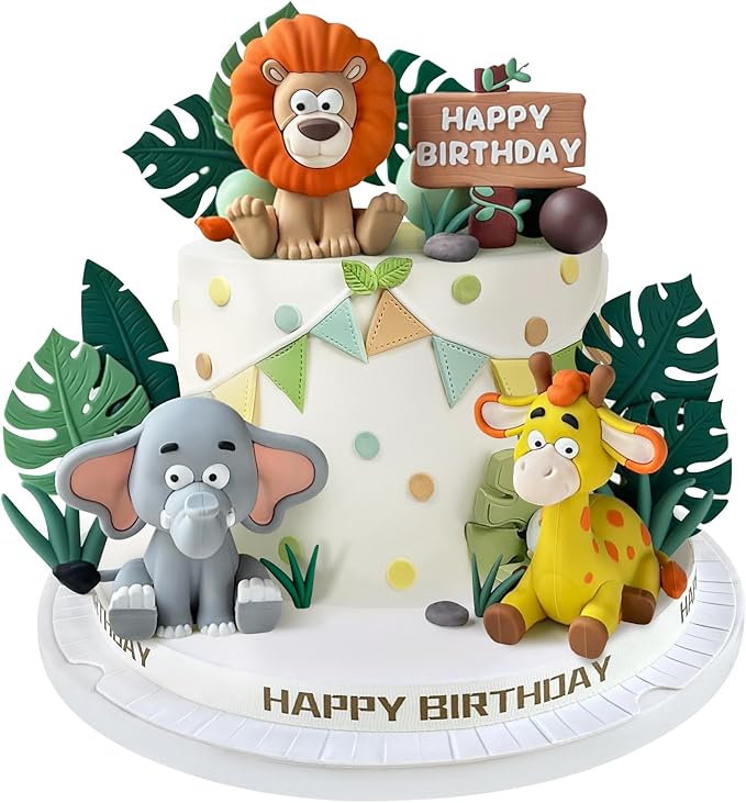 19pcs Safari Animal Cake Topper Jungle Wild Cake Toppers with Leaves