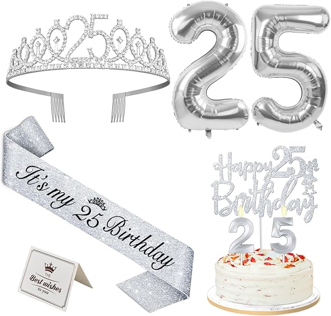 25th Birthday Decorations for Women Silver with 25th Birthday Sash