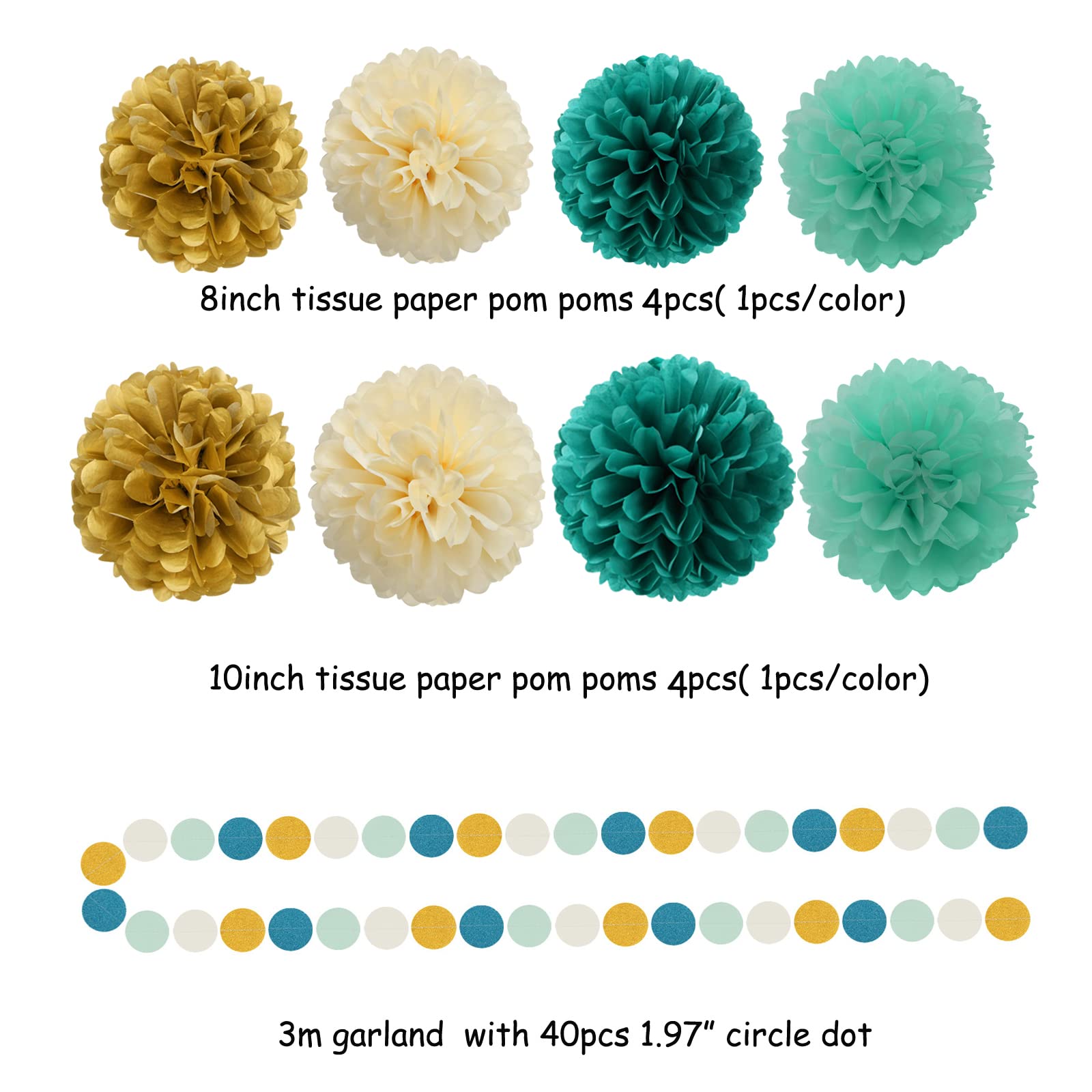 Teal-Blue Mint Beige-Gold Party Decorations - 30pcs Rustic Wedding