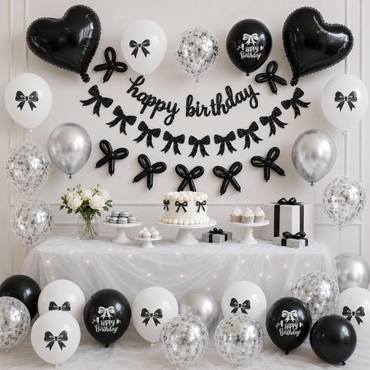 Black Silver White Bow Birthday Decorations, Coquette Party Decor with