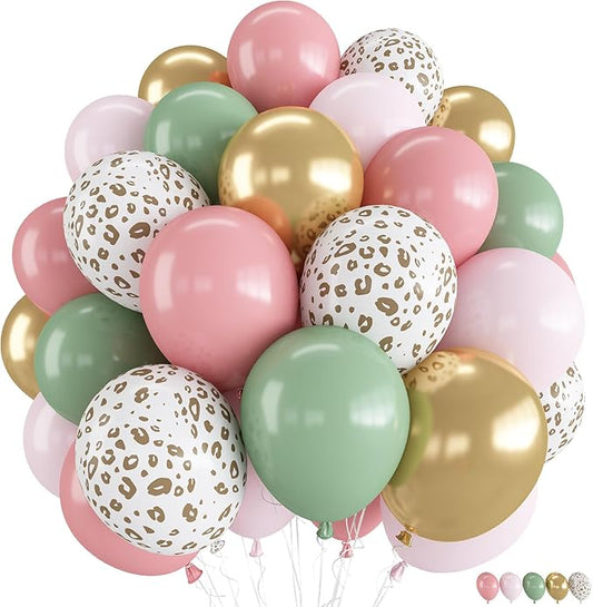 Pink and Green Balloons, Jungle Safari Balloon 12 Inch Leopard