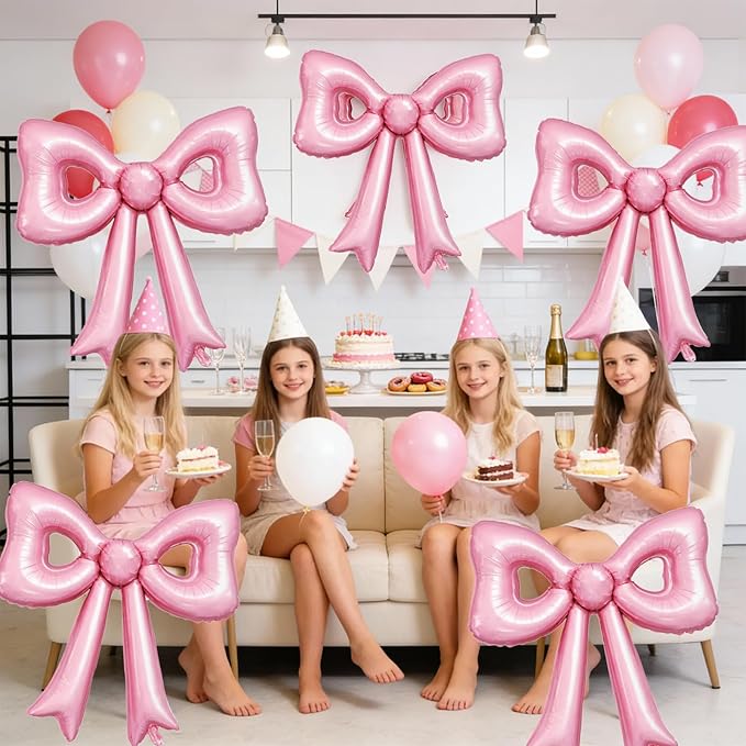 6 Pcs Pearl Pink Bow Balloons, 30 Inch Bow Foil Balloon, Pink Cutout