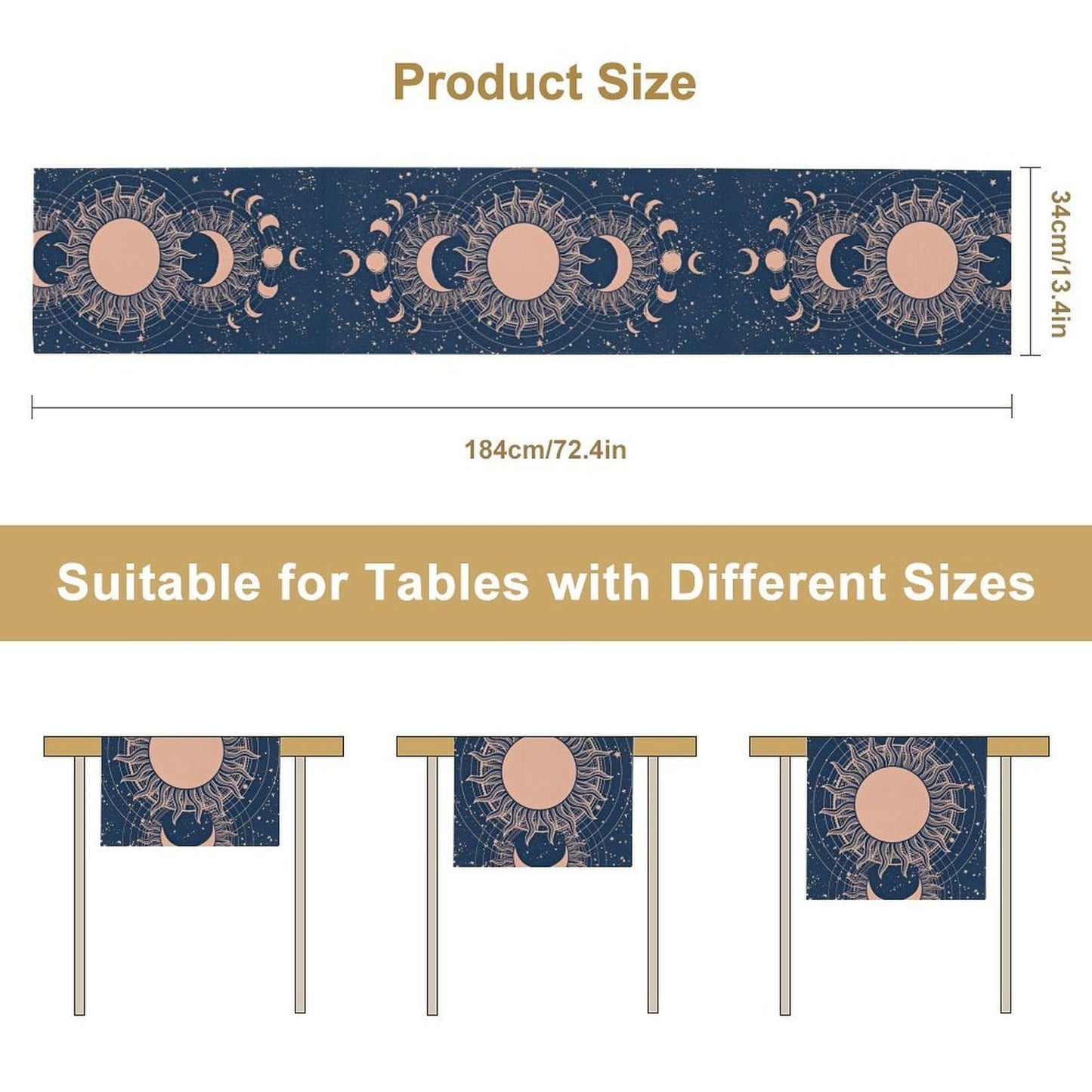 Moon Sun Table Runner, Mystical Blue Space Galaxy W13"x L60" Moon Sun