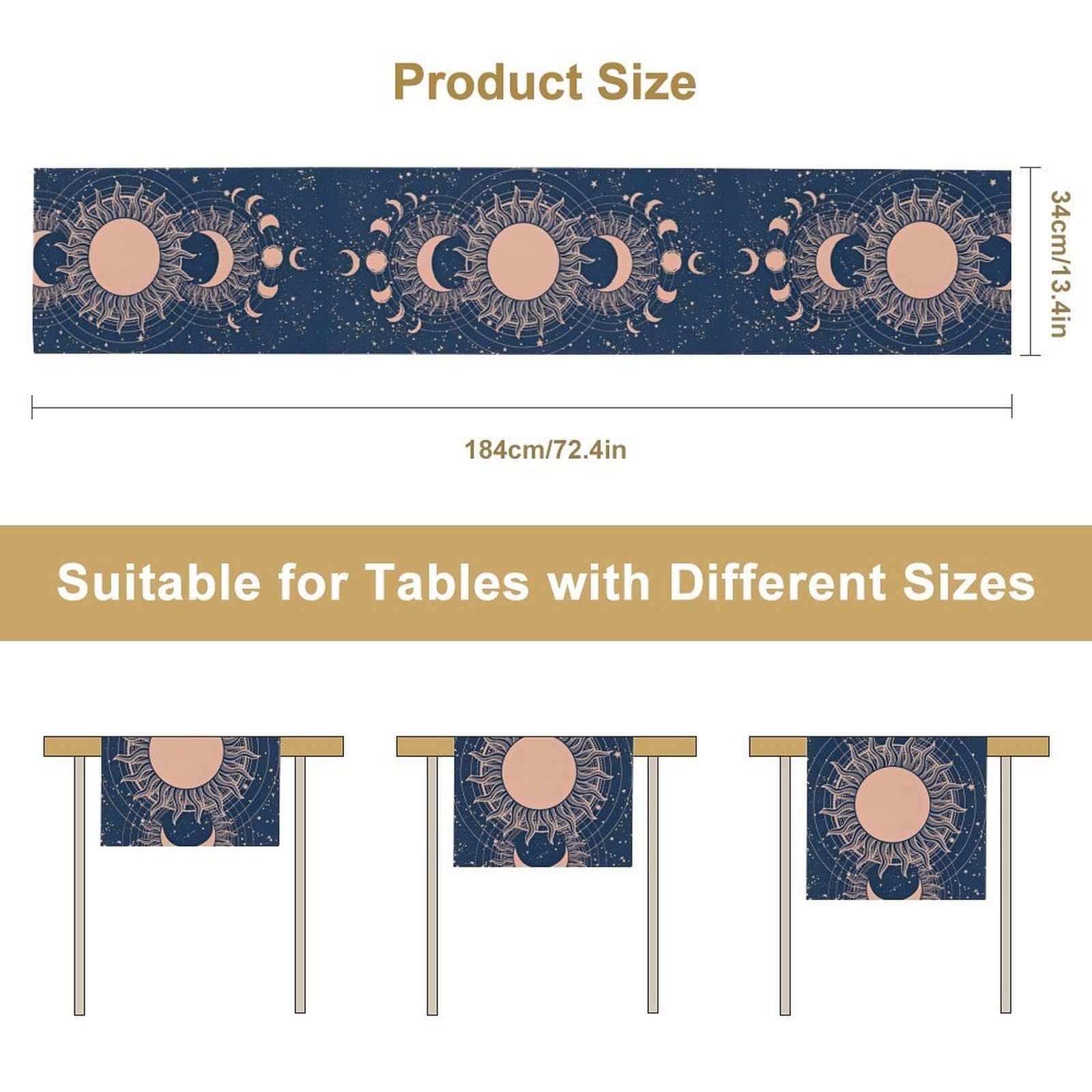 Moon Sun Table Runner, Mystical Blue Space Galaxy W13"x L60" Moon Sun