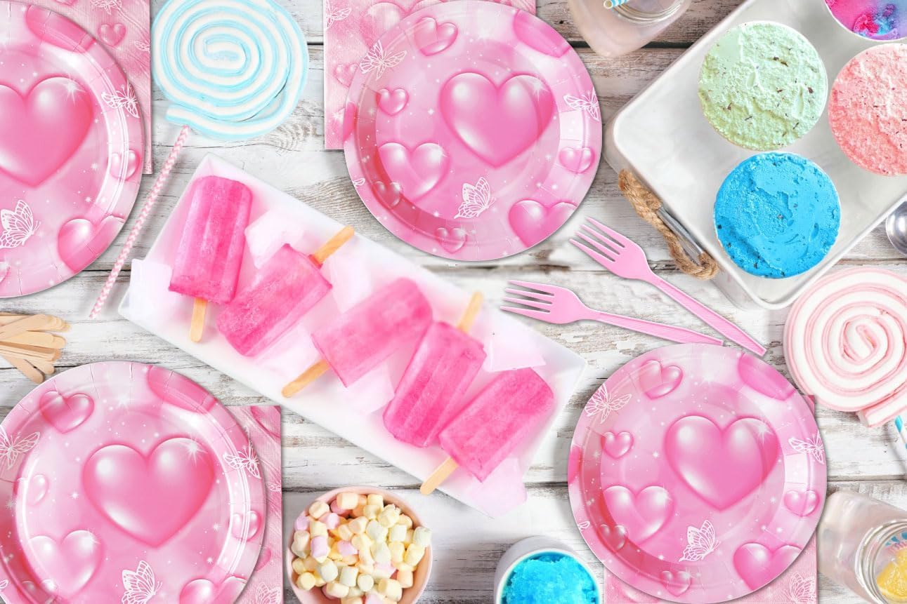 Grencian 96Pcs 2000s Party Decorations Pink Heart Plates and Napkins