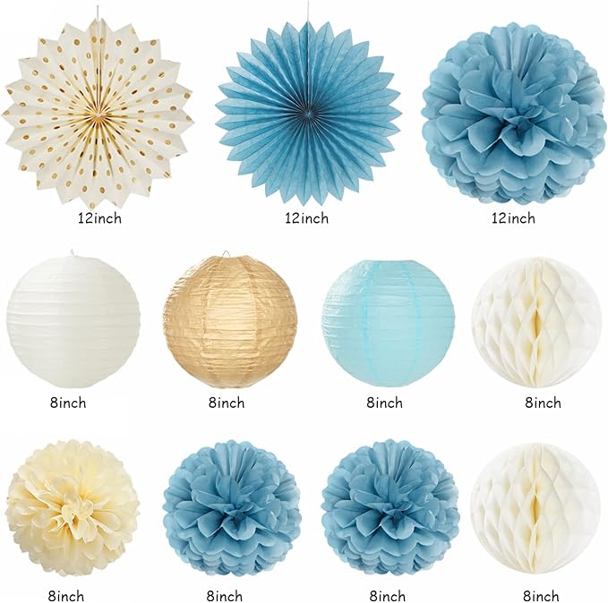 Light Dusty Blue Boho Baby Shower Party Decorations 21pcs Beige