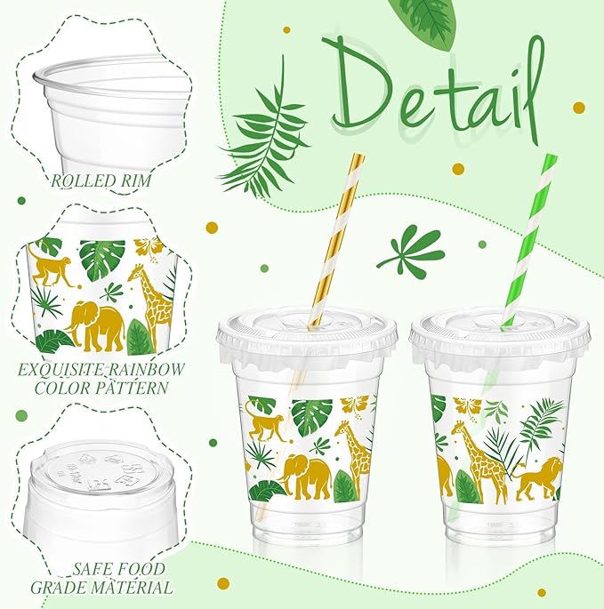 50 Pcs Jungle Safari Animals Cups Disposable Plastic Cup 12 oz