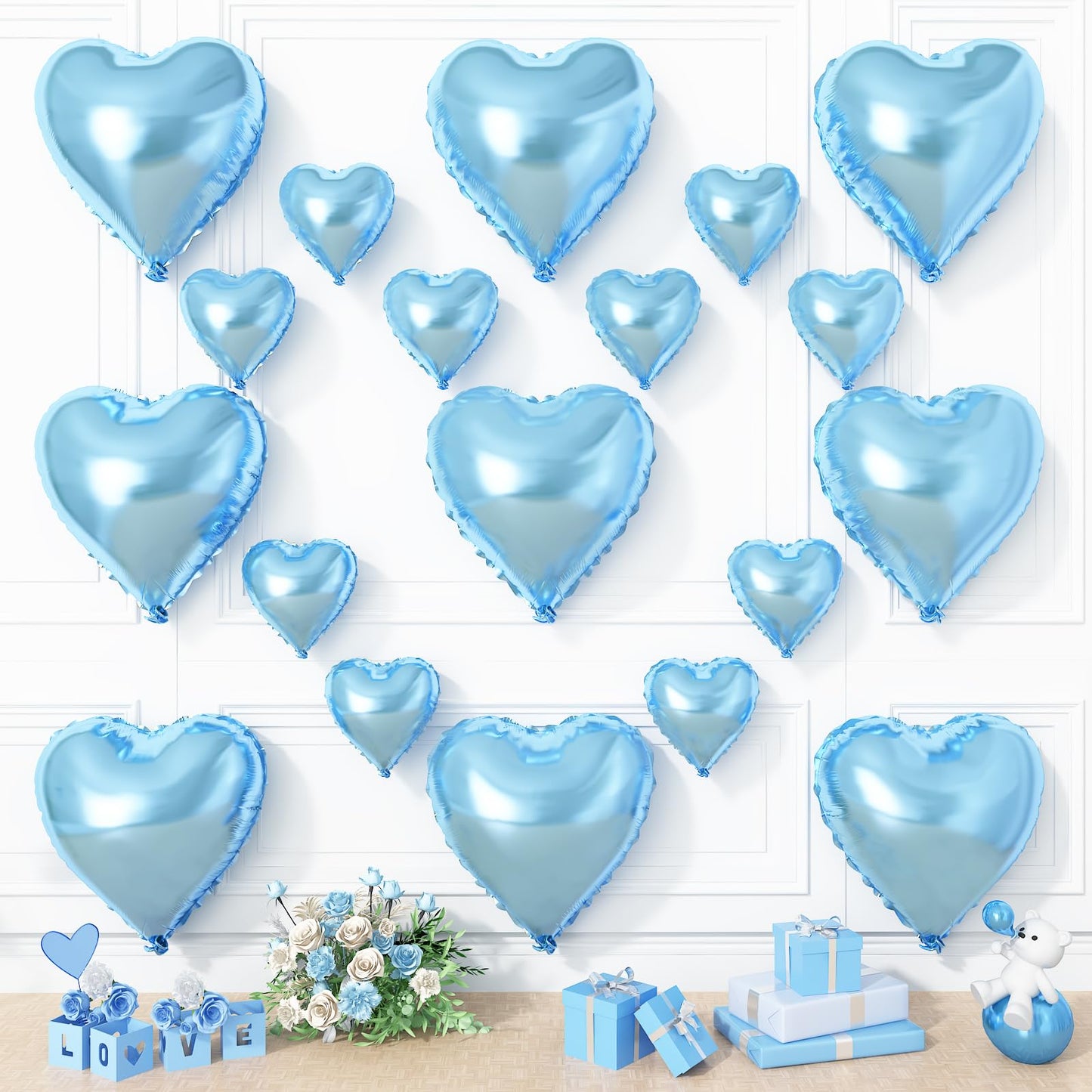 Blue Heart Balloons, 19PCS Light Blue Heart Shape Balloons, 18Inch