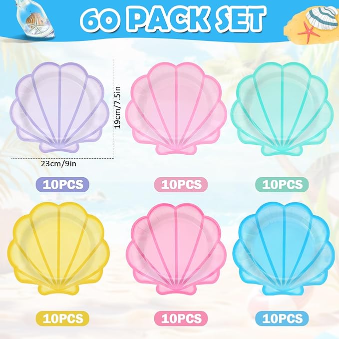 60Pcs Pastel Seashell Paper Plates Mermaid Birthday Party Supplies