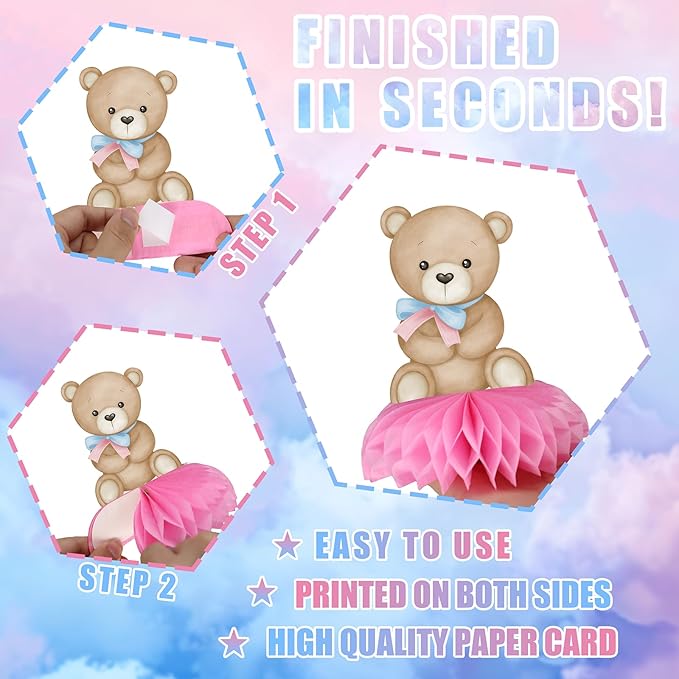 Gender Reveal Party Decorations Blue Pink Bear Honeycomb