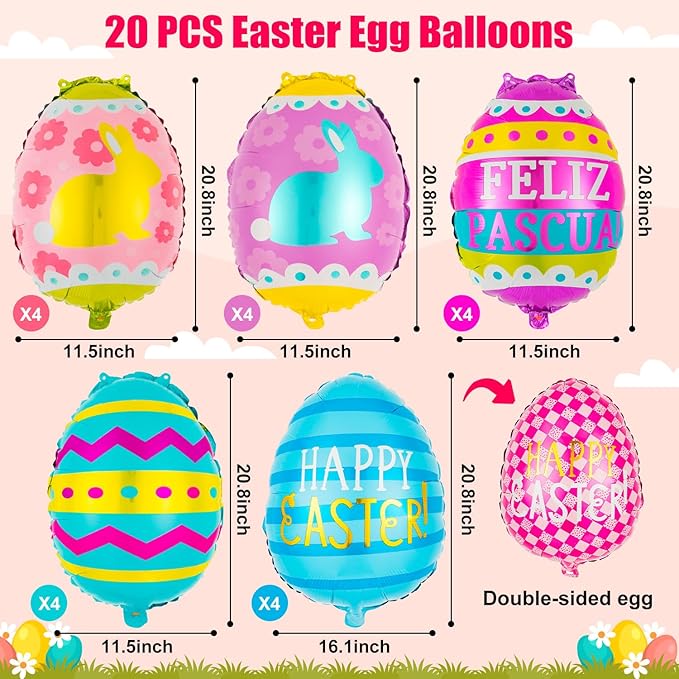 20 PCS Easter Egg Balloons Happy Easter Foil Balloons Egg Mylar