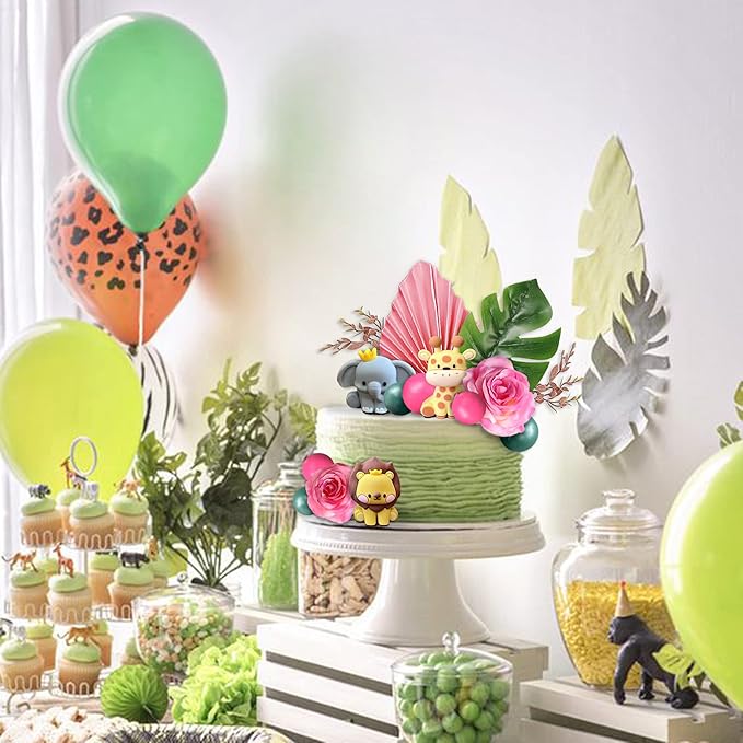 22pcs Safari Jungle Animal Cake Toppers Flower Balls Cake Decoration