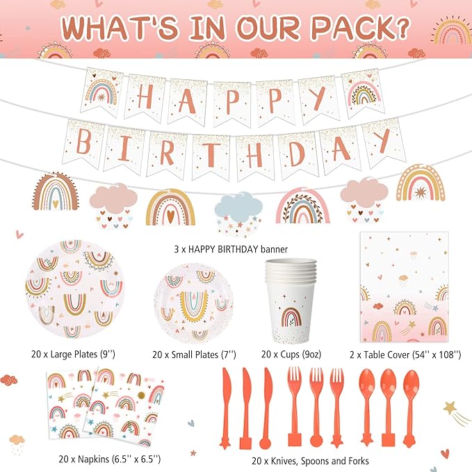 145 Pcs Boho Birthday Party Supplies Include Rainbow Plates