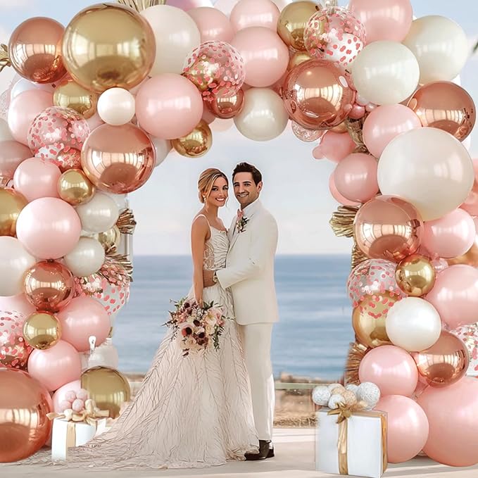 Rose Gold Pink Balloon Arch Kit, Double Stuffed Pearl White Rose Gold