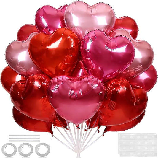 18 Inch Rose & Pink & Red Heart Balloons 24 Pcs Valentine's Day Foil