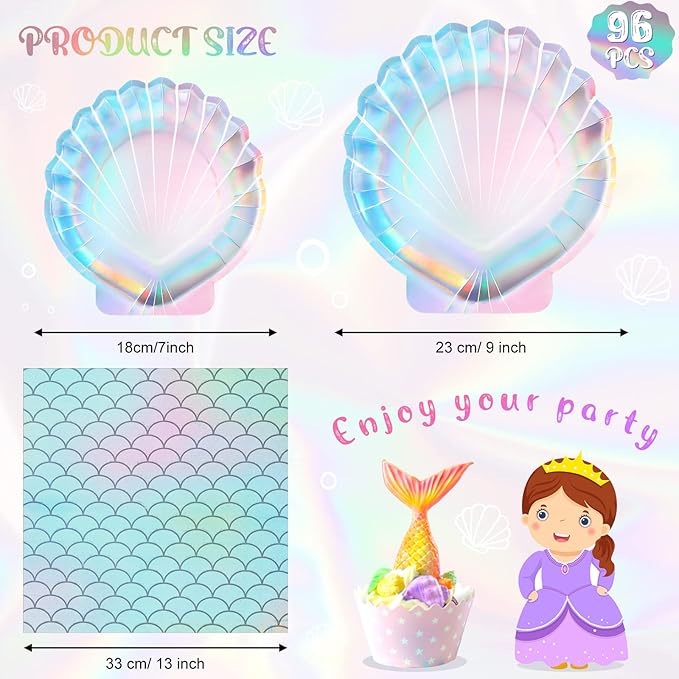 96 Pcs Mermaid Plates and Napkins for 24 Guests 7 Inch 9 Inch