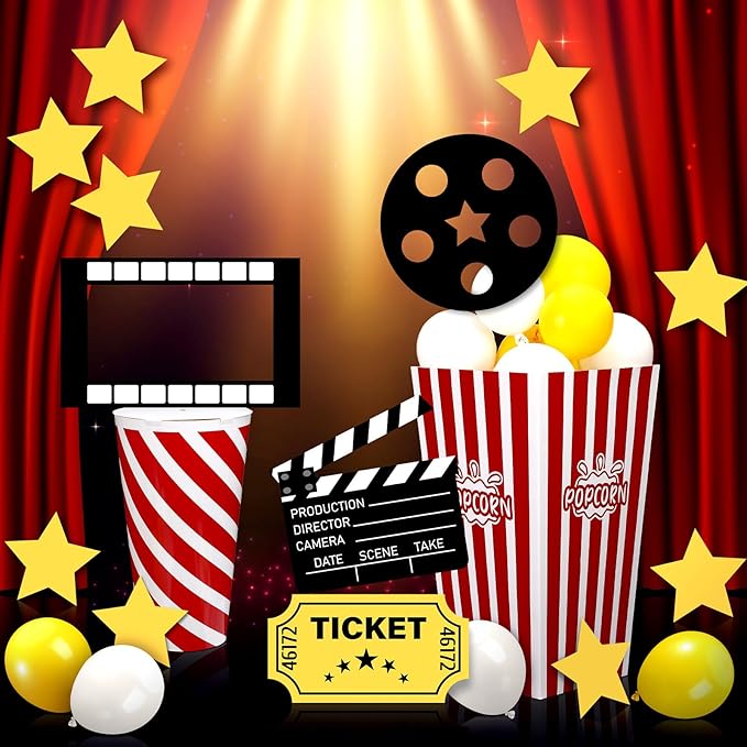 38 Pcs Movie Night Decorations Popcorn Box with Balloons 3D Fake