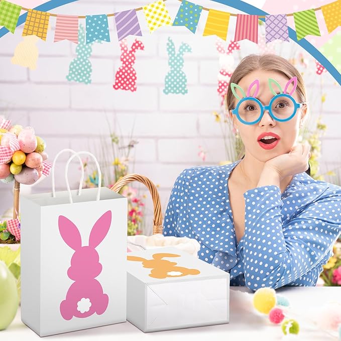 48 Pcs Easter Bunny Bags Bulk for Gifts Goodies with Handles Paper