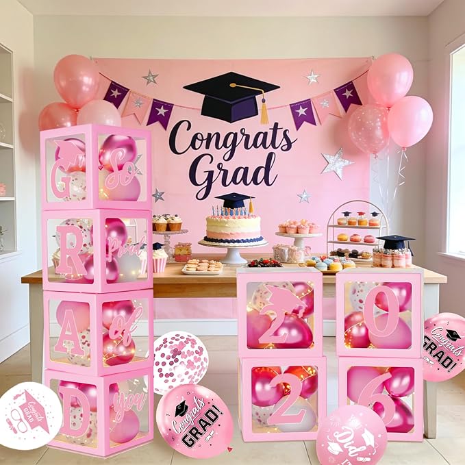 Pink Graduation Decorations Class of 2026 - Set of 4 Balloons Boxes