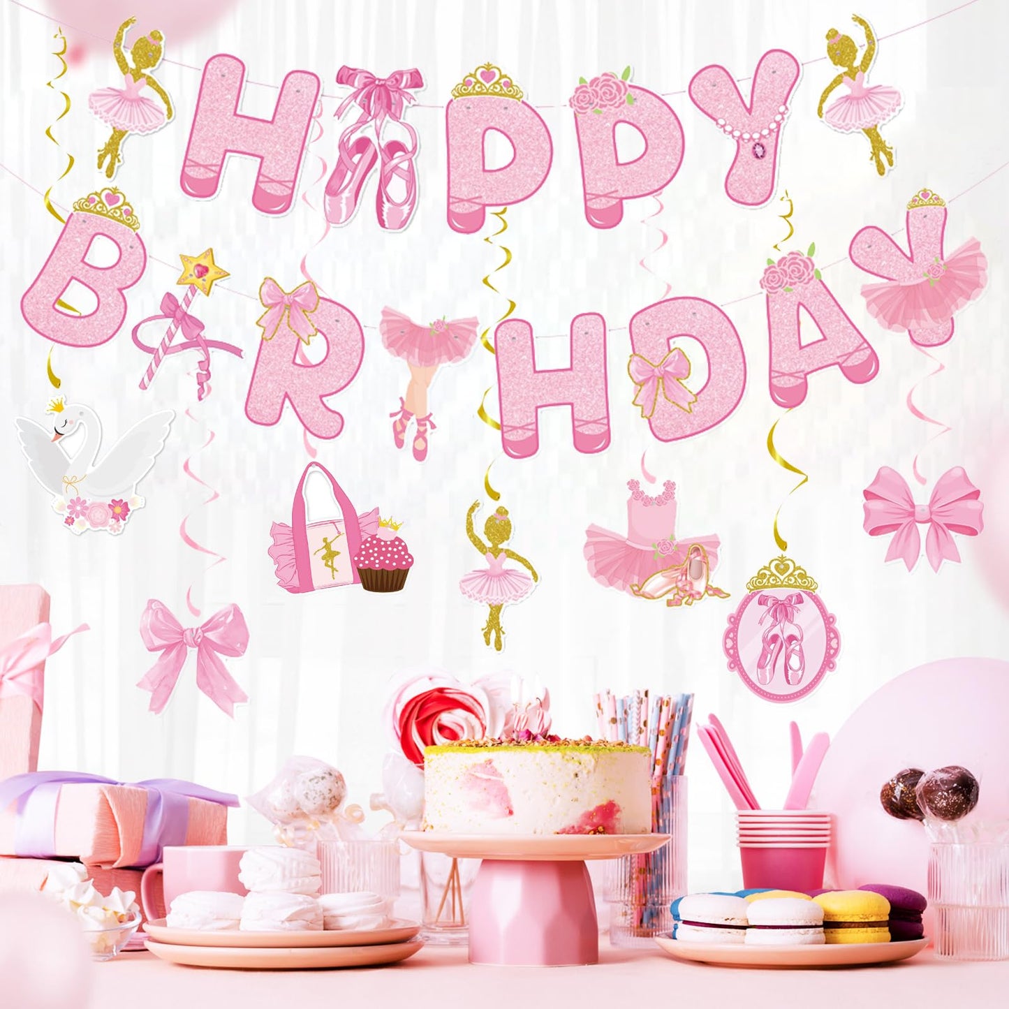 Zwiebeco Pink Gold Ballerina Happy Birthday Banner Bunting Hanging