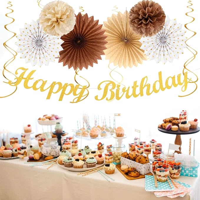 White Brown Champagne Gold Boho Birthday Party Decorations 21pcs