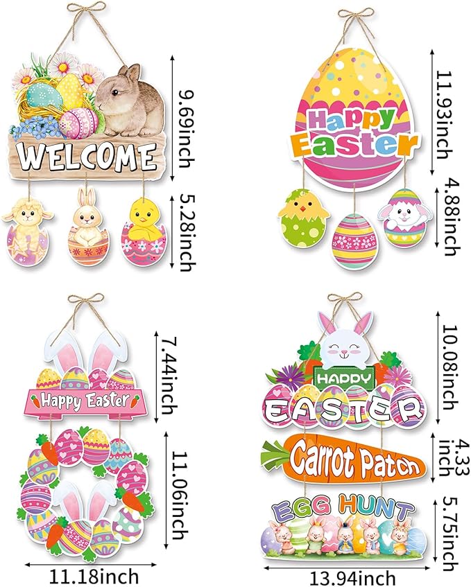 Easter Egg Bunny Home Front Door Hanger Decor 4pcs Pastel Rainbow