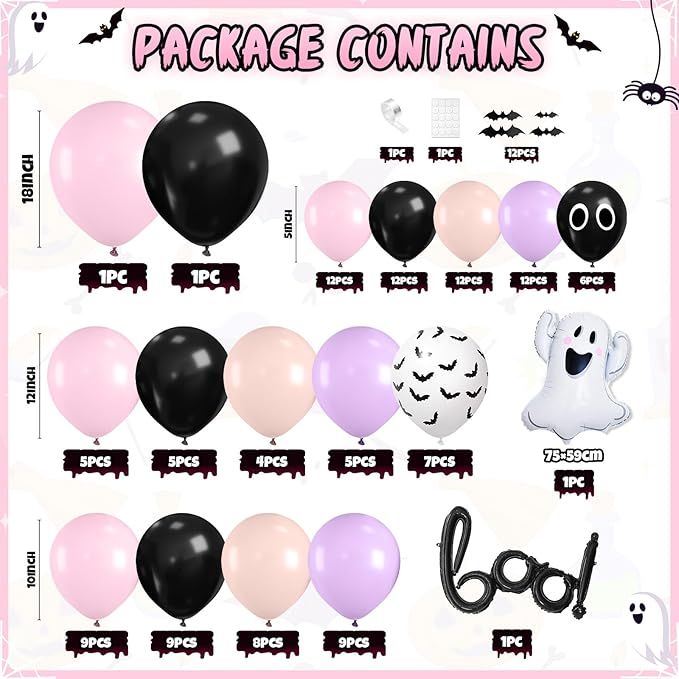 120 Pcs Pink and Black Balloon Arch Kit Scary Ghost Boo Halloween