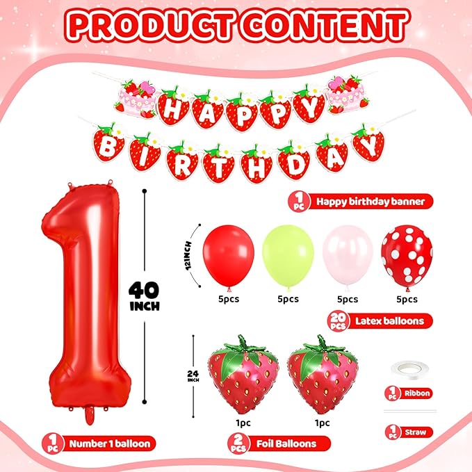 1st Birthday Decorations for Girls, 40 Inch Red Number 1 Balloon, 24