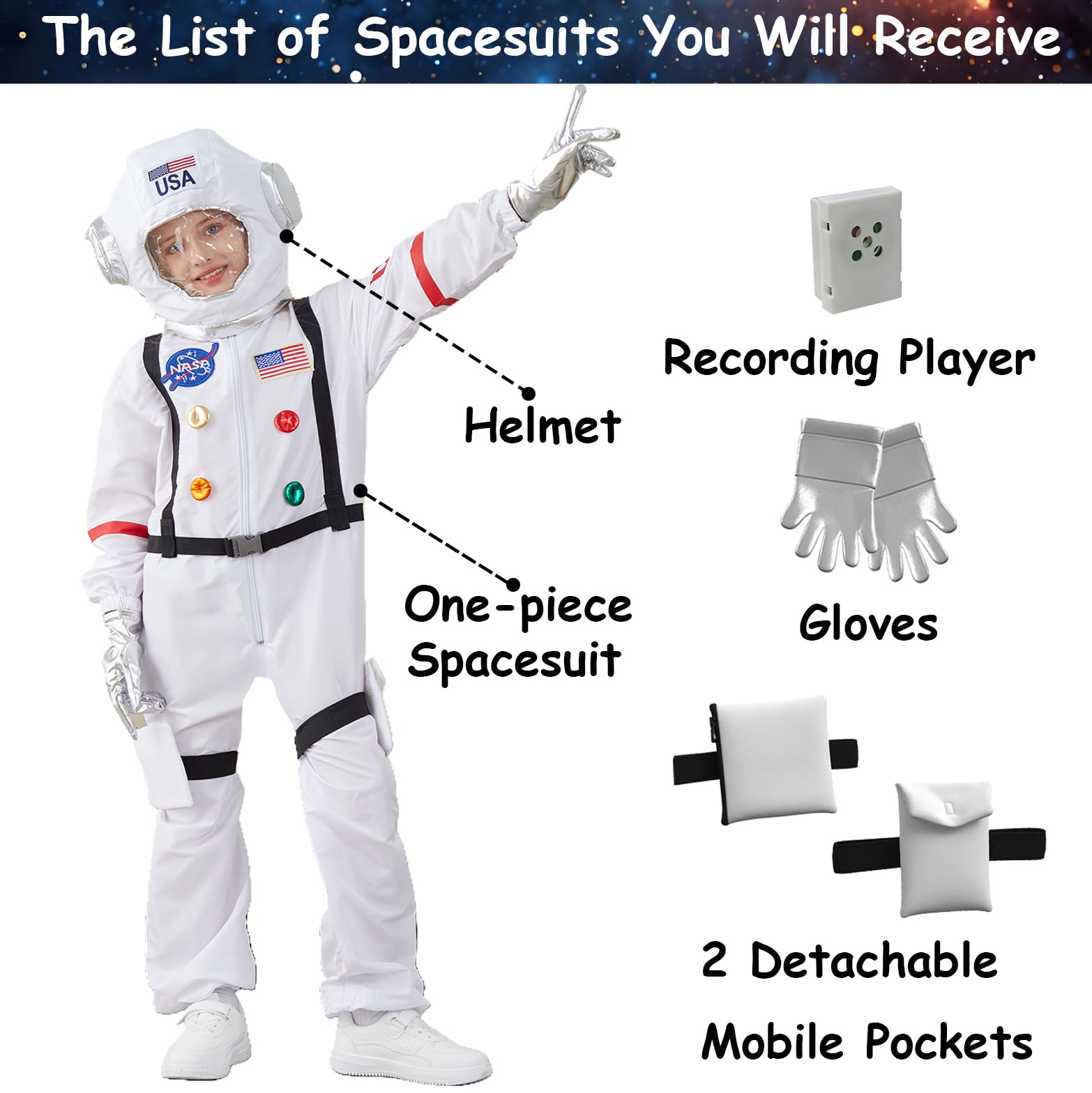 Kids Astronaut Halloween Costume Set, Boys Girls Space Suit