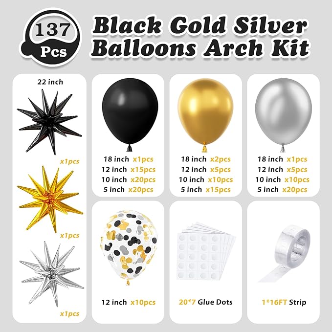 137Pcs Black Gold and Silver Balloons Garland Arch Kit with Stars - 5