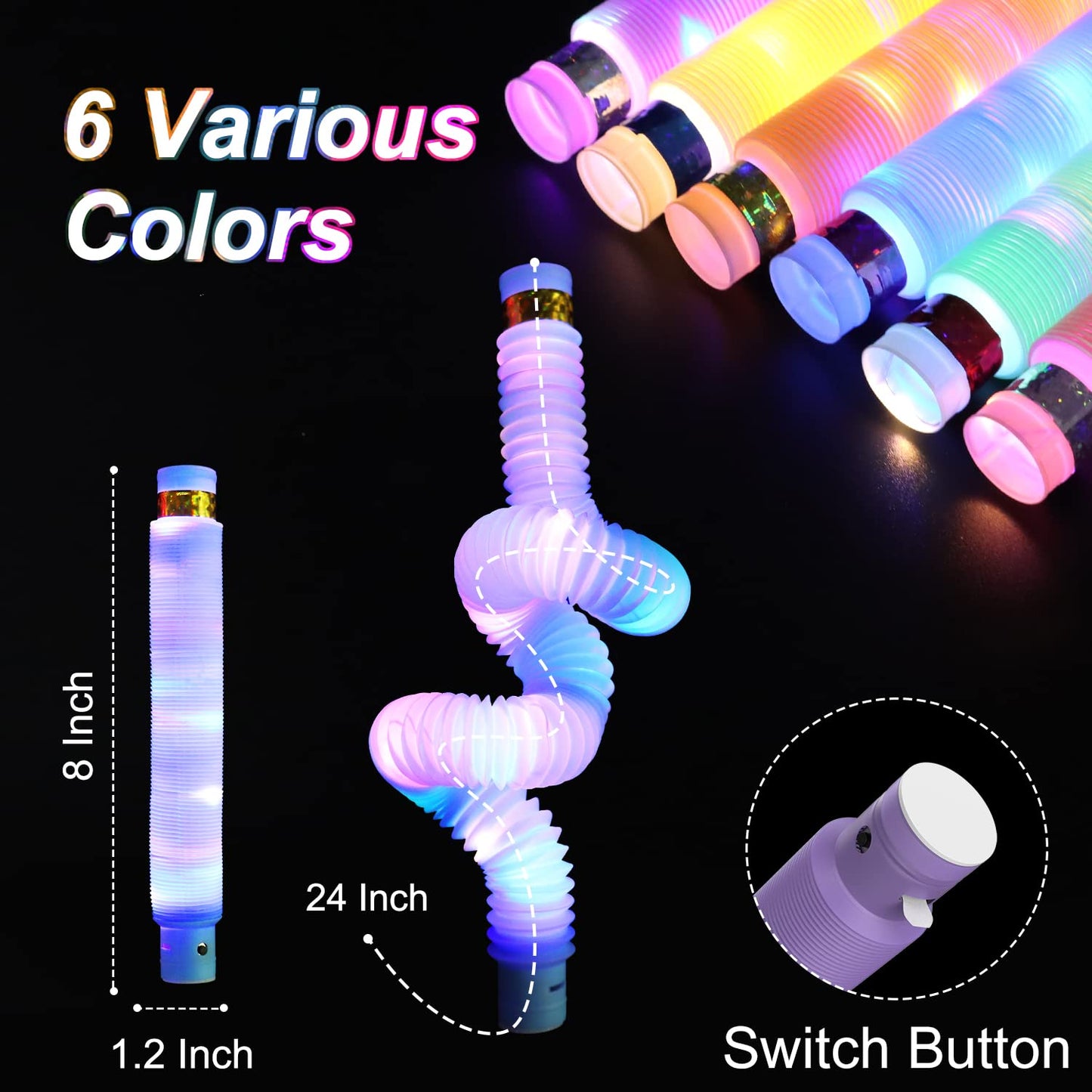 Light Up Glow Sticks Fidget Pop Tubes, 24 Pack Glow in The Dark Party