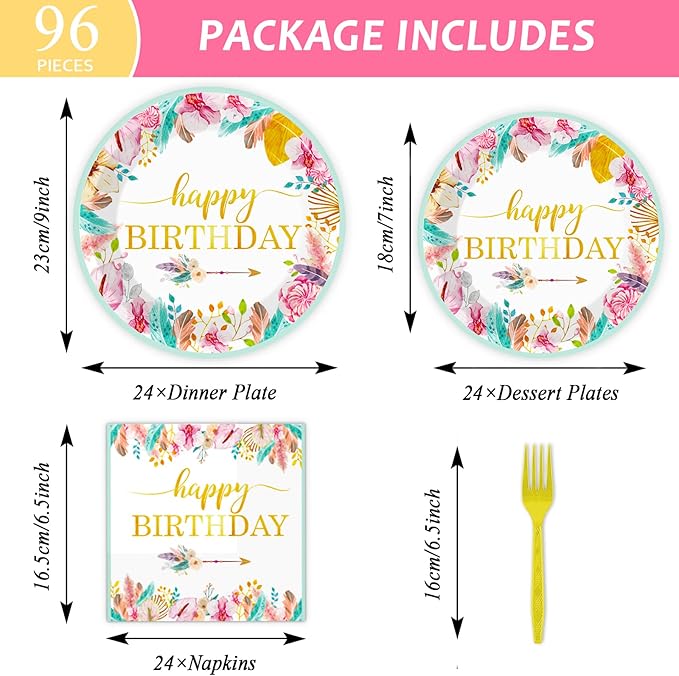 96 Pieces Happy Birthday Party Plates Napkins Boho Decorations Gold