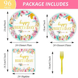 96 Pieces Happy Birthday Party Plates Napkins Boho Decorations Gold