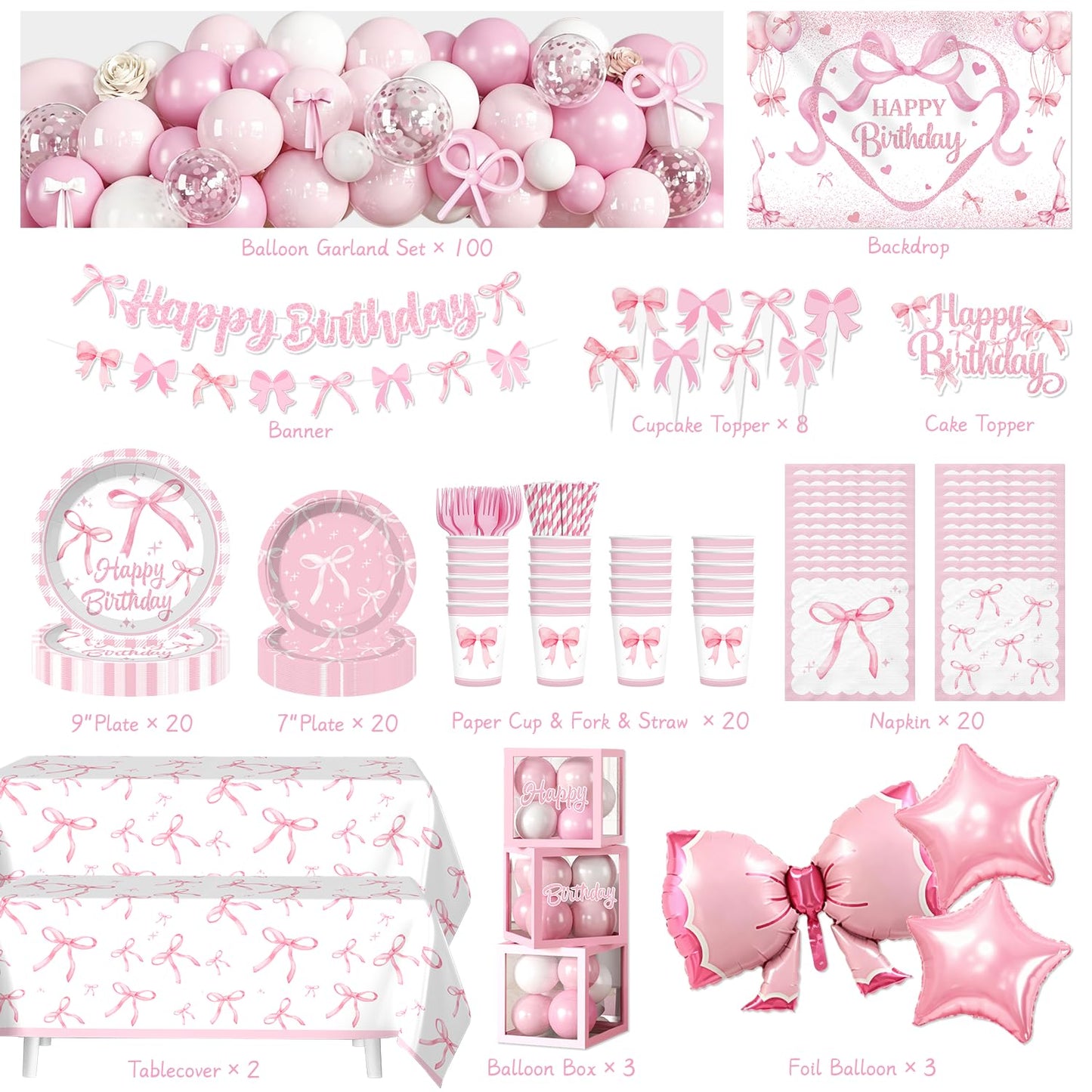 Cocomigo 251pcs Coquette Birthday Decorations, All-in-1 Pink Bow