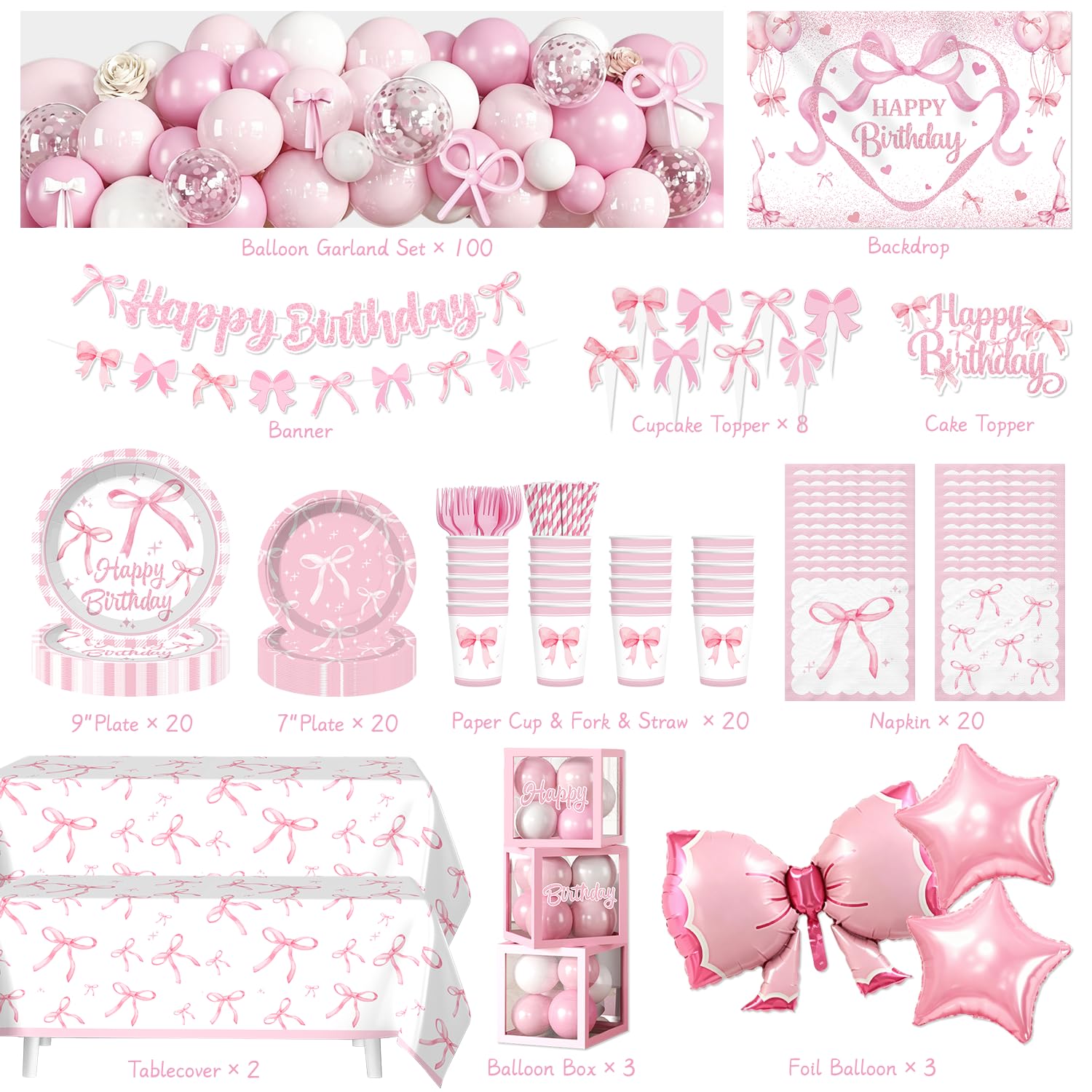 Cocomigo 251pcs Coquette Birthday Decorations, All-in-1 Pink Bow