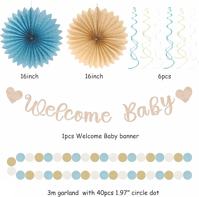 Light Dusty Blue Boho Baby Shower Party Decorations 21pcs Beige
