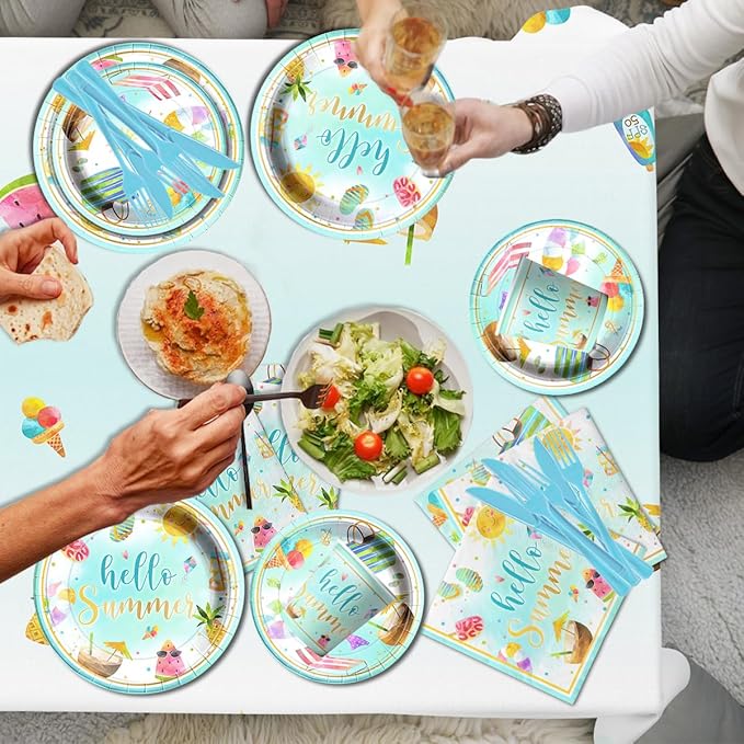 Hello Summer Party Decorations 143Pcs Beach Pool Party Paper Plates