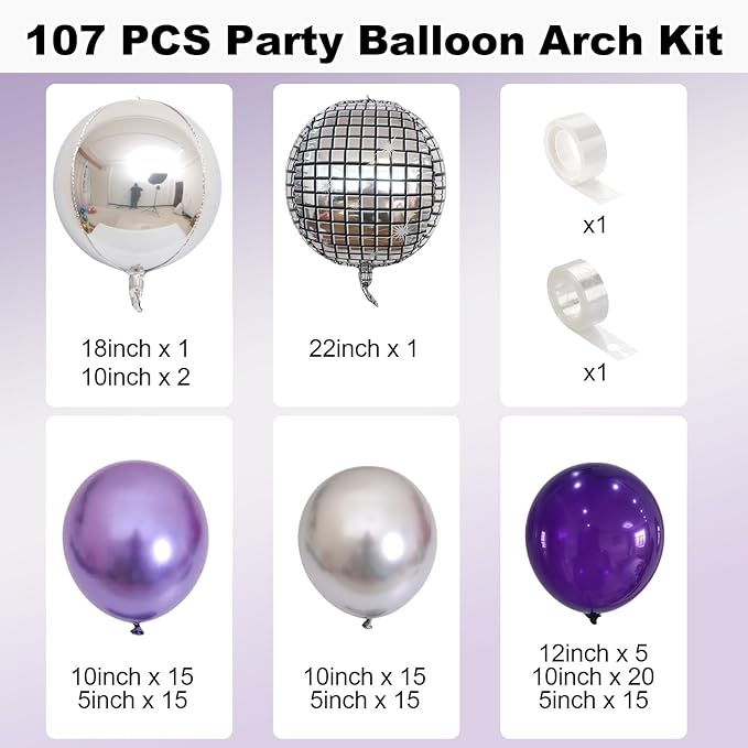 Purple Silver Balloon Arch Kit Halloween Disco Dark Royal Purple