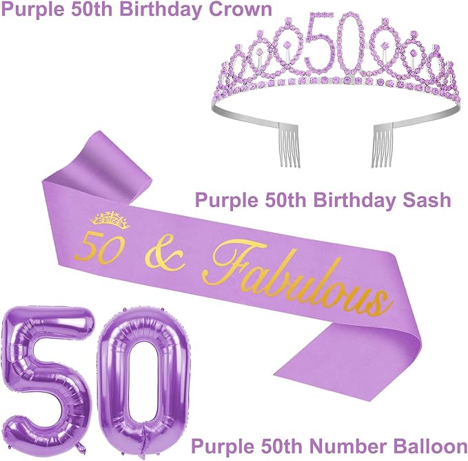 50th Birthday Decorations for Women Purple with 50th Birthday Sash