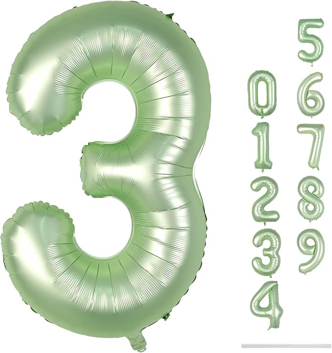Sage Green Number 3 Balloon, 40In Large Foil Number Balloons Set 0-9