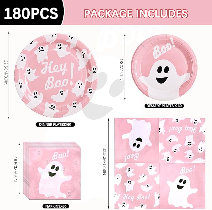 180Pcs Halloween Party Supplies Serve 60 Pink Ghost Paper Plates and